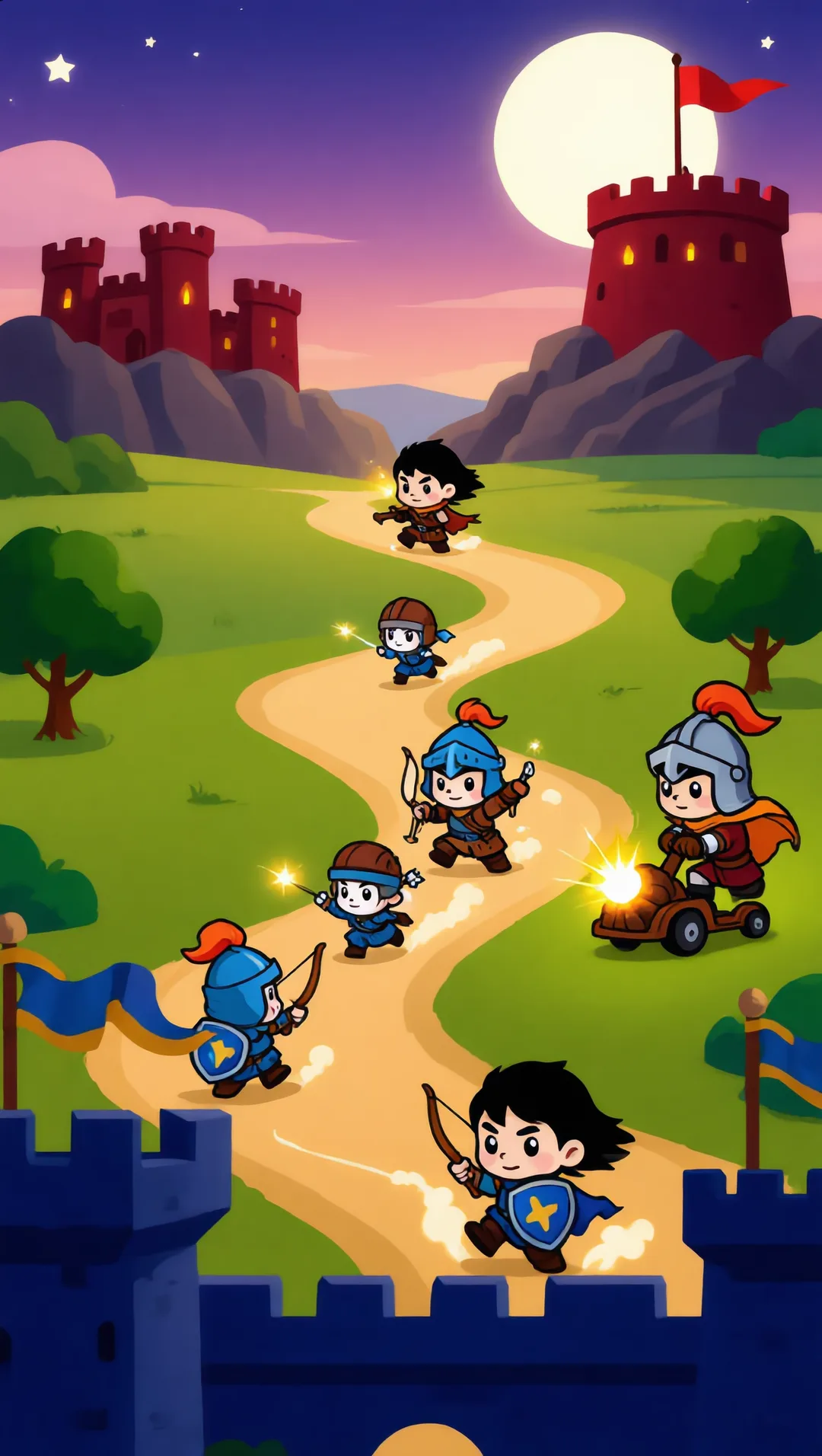 Blue and red armies clash on the road to the enemy castle